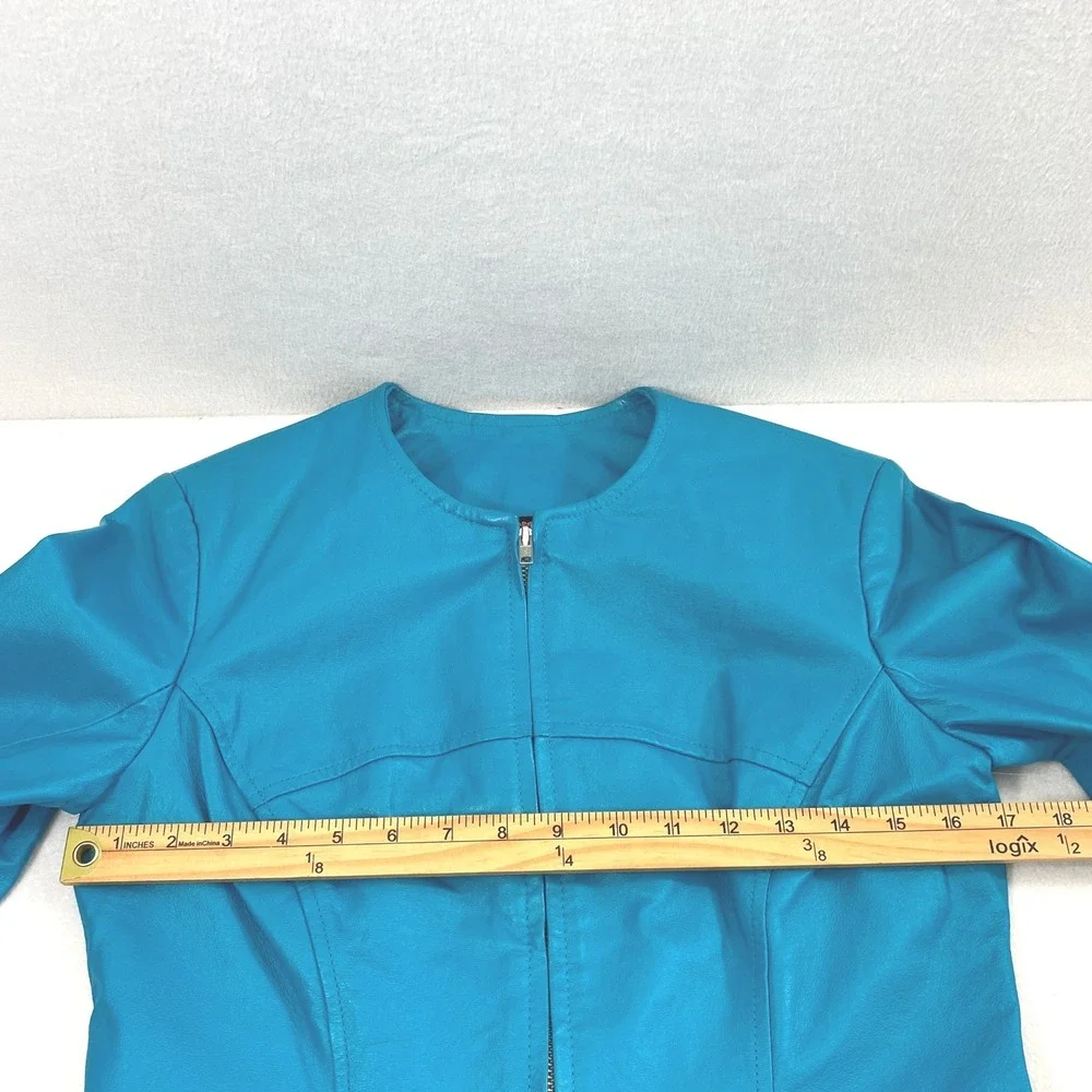 Shape FX Turquoise Blue Genuine Leather Jacket Womens Sz 8 Full Zip Flared Cuffs - Picture 6 of 11